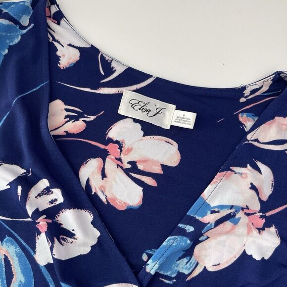 Eliza J Maxi Dress Sz 6 Faux Wrap Long Jersey Stretch Blue Floral Short Sleeve - Picture 7 of 15